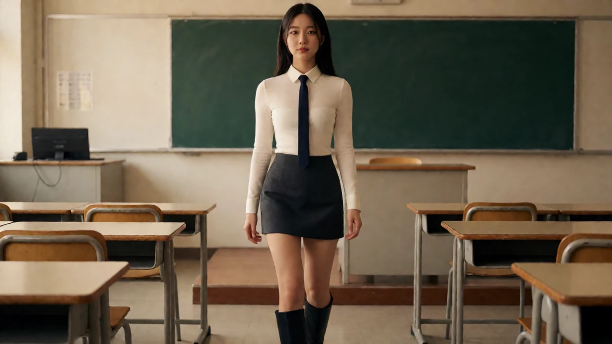 成年女子穿白衬衫、黑色领带和深色短裙站在有黑板和课桌的教室