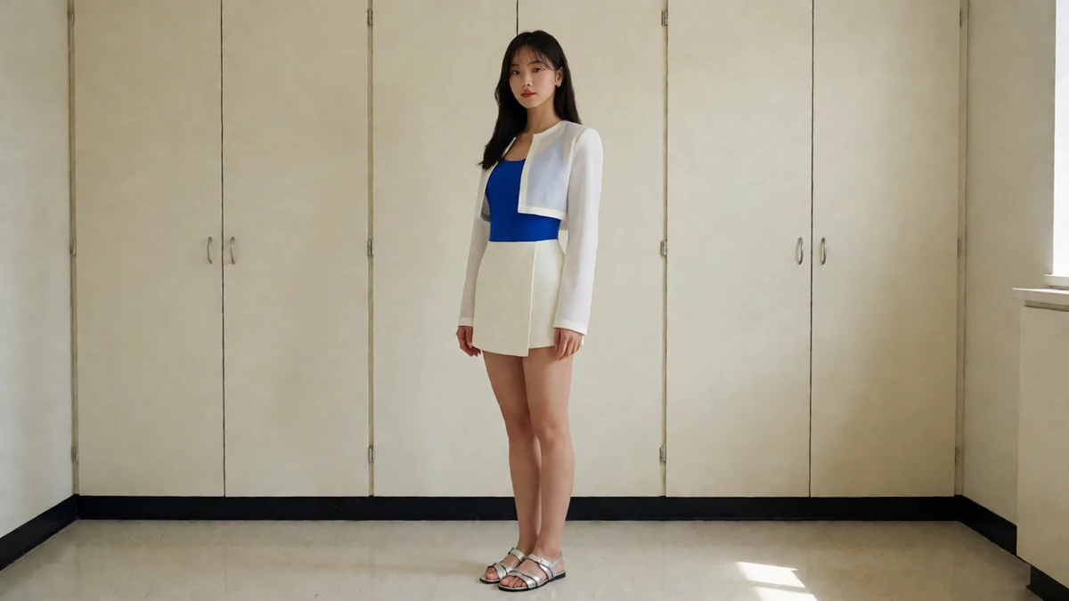 成年女子穿蓝白衣裙站在浅色储物柜前的室内